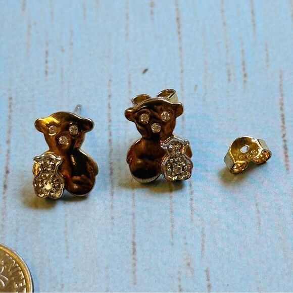Sterling Silver Gold Wash Mama Baby Crystal Teddy Bear Earrings - Picture 1 of 3